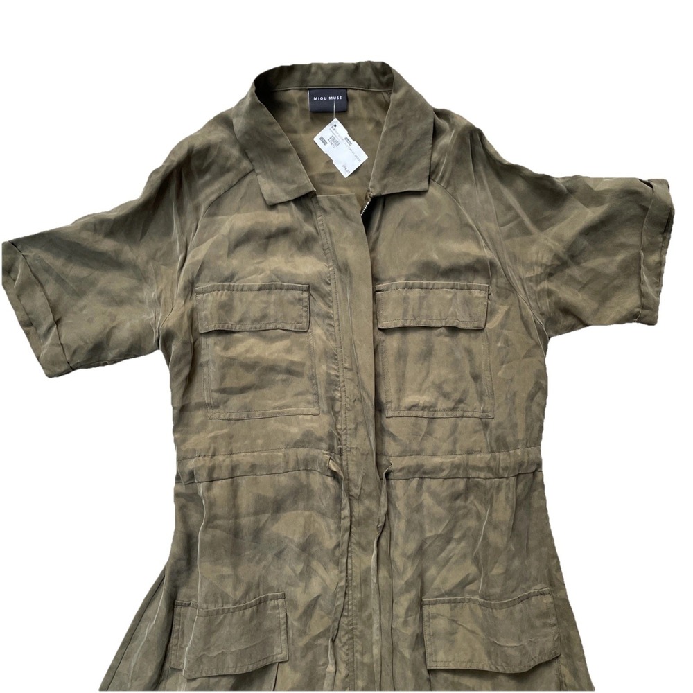 Miou Muse Women's Olive Green Cargo Maxi Dress Zip Front Collard Size Medium - Picture 3 of 13